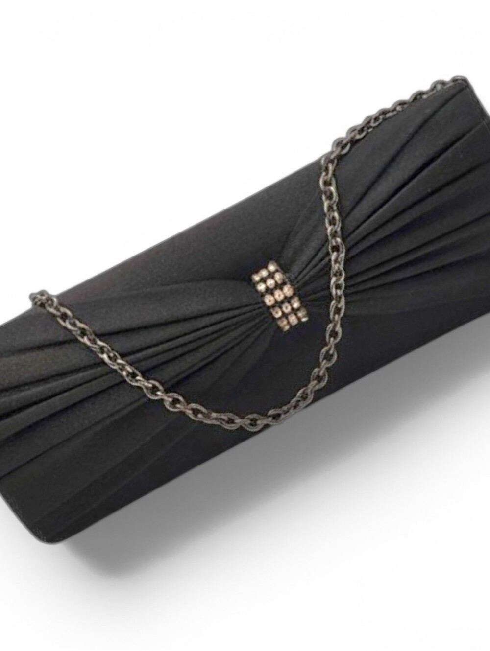 Black Satin Pleated Evening Clutch Crystal Brooch Formal Wedding Prom Purse